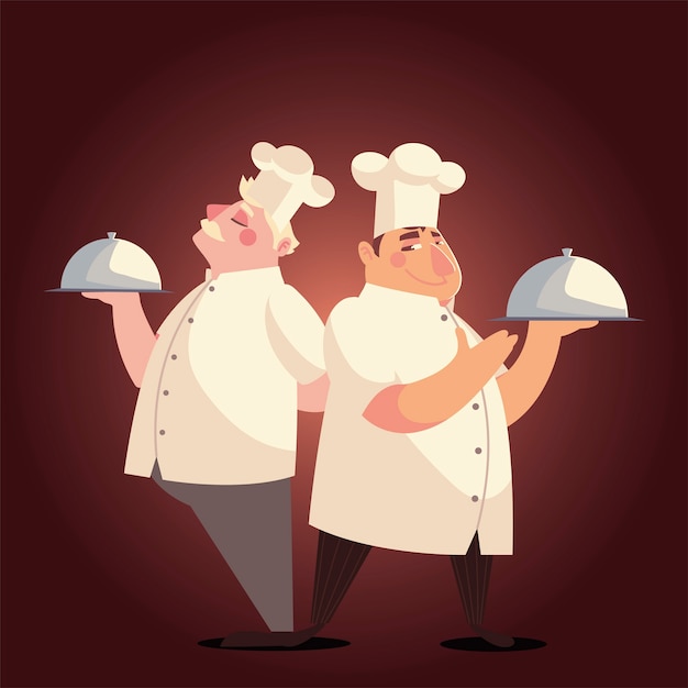 Vector chefs holding platter serving special meal restaurant vector illustration