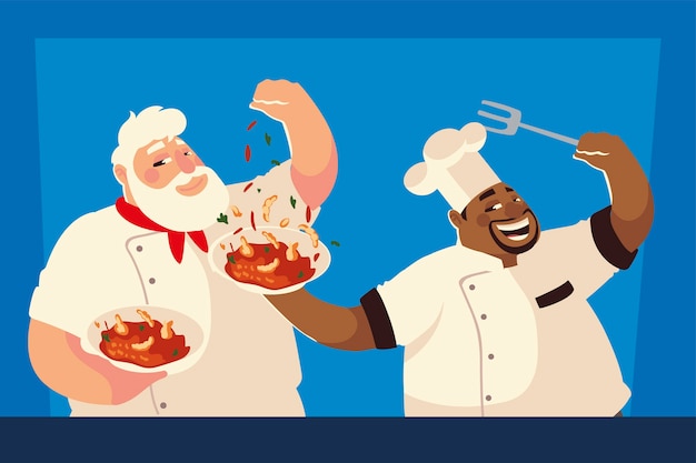 Chefs preparing recipe soup worker restaurant vector illustration