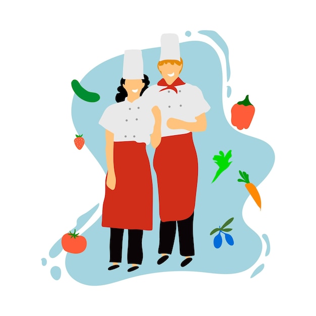 Chefs in restaurant kitchen cooking Cute cooks in uniform preparing food in dining or hotelProfessional master