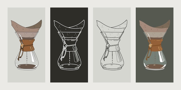 Chemexコーヒーメーカーフラットとラインスタイルのベクトル図