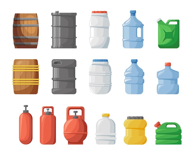 Contenitori chimici tamburi barili barili barile di stoccaggio in acciaio per combustibile petrolifero barile di birra barile di gallone di legno barile di gas e petrolio barile di pub carico bottiglie di plastica set vector illustrazione sgargiante