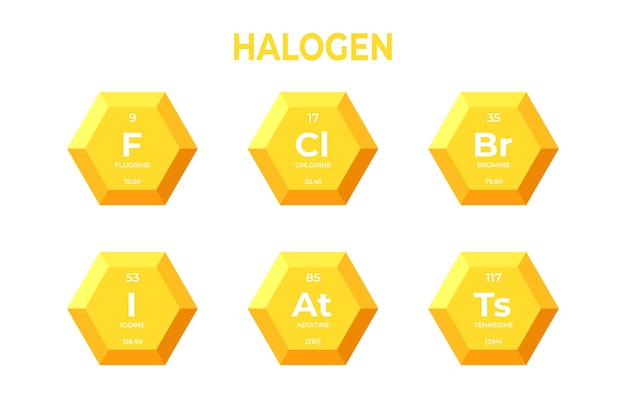 Chemical elements of halogen in hexagons Mendelev table elements in hexagons for learning and educa