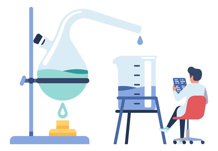 Vector chemical experiment. heating blue liquid in laboratory glass