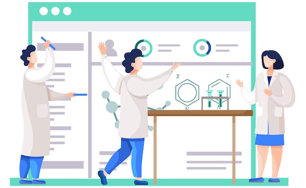 벡터 화학 실험 화학자들은 연구 진행 상황을 모니터링하고 있습니다 실험실 가운을 입은 남자는 배경의 다이어그램을 가리킵니다 손에 튜브 홀더를 들고 있는 남자 과학자들은 의사소통하고 토론합니다