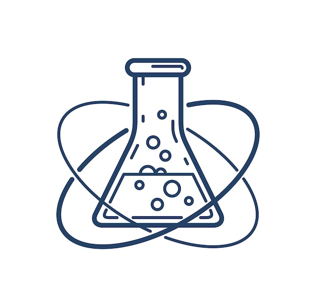 Chemical flask and atom vector simple linear icon, science chemistry line art symbol, laboratory research.