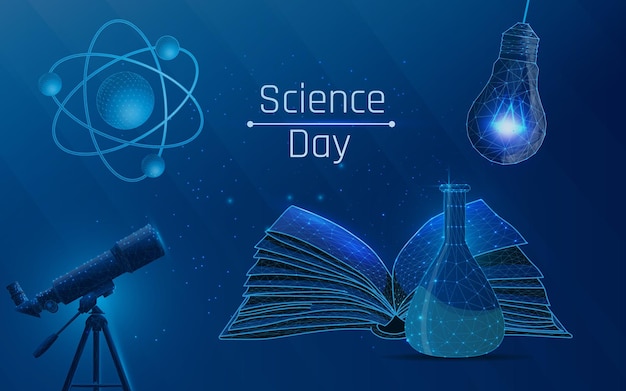 Vector chemical flask and atomic molecule telescope book and lampnational science day at wireframe style