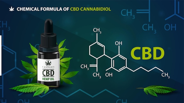 Chemical formula of cbd cannabidiol and cbd oil bottle with cannabis leafs.