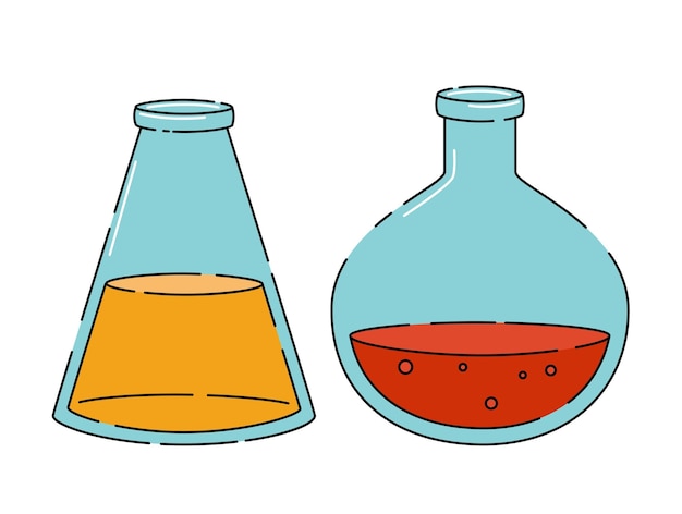 Vector chemical glass flasks of different forms liquids chemical weapon acid or poison cartoon illustration