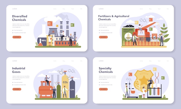 化学業界のwebバナーまたはランディングページセット。工業化学および化学製品の生産。石油、ガス、肥料。