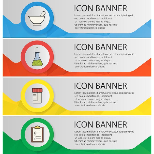 Chemical lab banner templates set. Medical tests jar, mortar and pestle, chemical reaction, test checklist website menu items. Color polygonal web banner concepts. Vector backgrounds