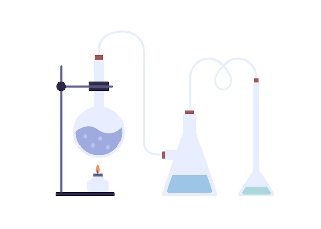 ベクトル 化学実験装置。液体を加熱するためのガラス製フラスコ、ビーカー、チューブ、ホルダー、バーナー。科学実験およびテスト用の実験用ガラス器具。白い背景で隔離のフラットのベクトル図