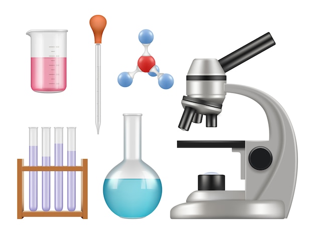 Vector chemical lab items. science laboratory collection bottles microscope glass tubes biology realistic tools