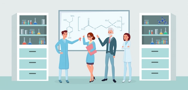 Chemical lab workers meeting flat illustrations