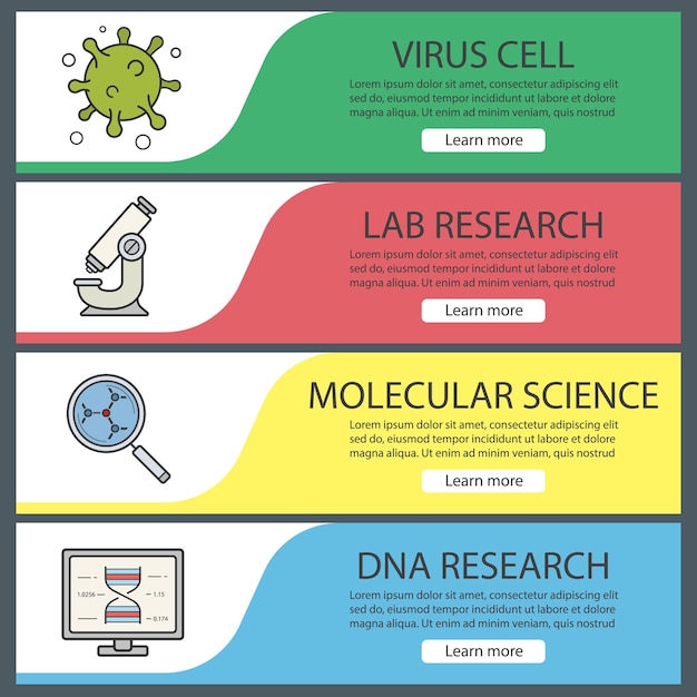 Набор шаблонов баннеров химической лаборатории. легко редактировать. вирусная клетка, молекулярная наука и анализ, микроскоп, лабораторные исследования. пункты меню сайта. цветной веб-баннер. концепции дизайна векторных заголовков
