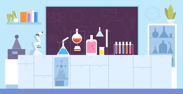 Vettore aula di laboratorio chimico scuola di laboratorio di scienze sfondo cartone animato sala chimica attrezzatura microbiologica tavola da microscopio per esperimento splendida illustrazione vettoriale