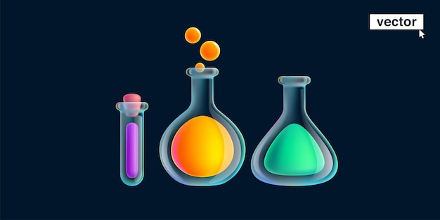 Vector chemical laboratory equipment realistic 3d render glass tube flask and beaker scientific glassware