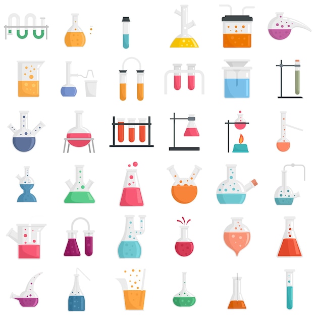 Chemical laboratory experiment icons set. Flat set of chemical laboratory experiment vector icons isolated on white background