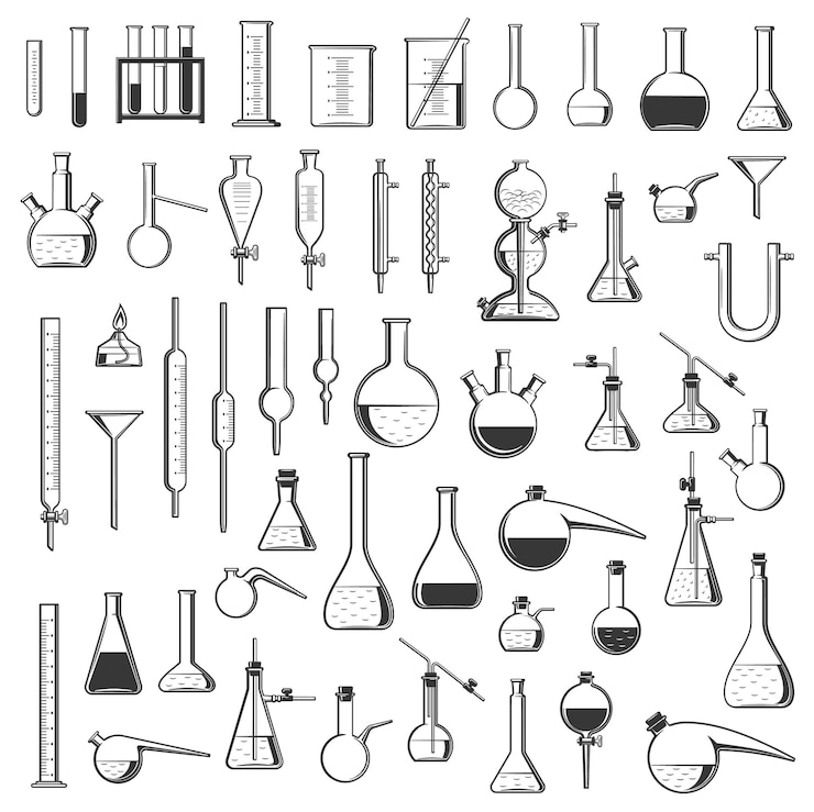 Vector chemical laboratory flasks, tubes and retorts, chemistry science vector equipment. lab glassware and glass containers for medical research experiments, test tube stands, beakers, cylinders and burners