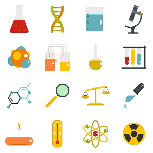 Chemical laboratory icons set in flat style