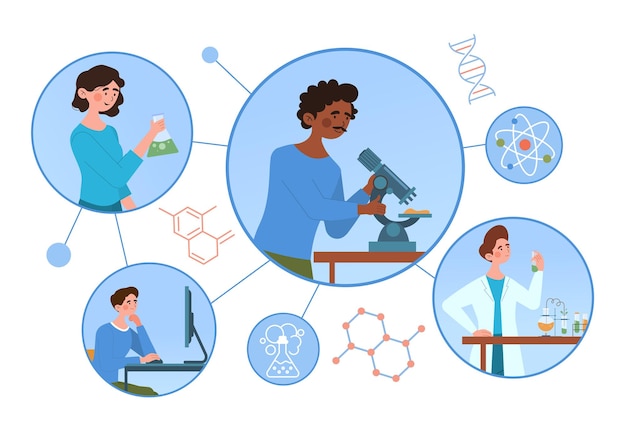 Vector chemical laboratory research concept scientists with flasks microscope and computer working on