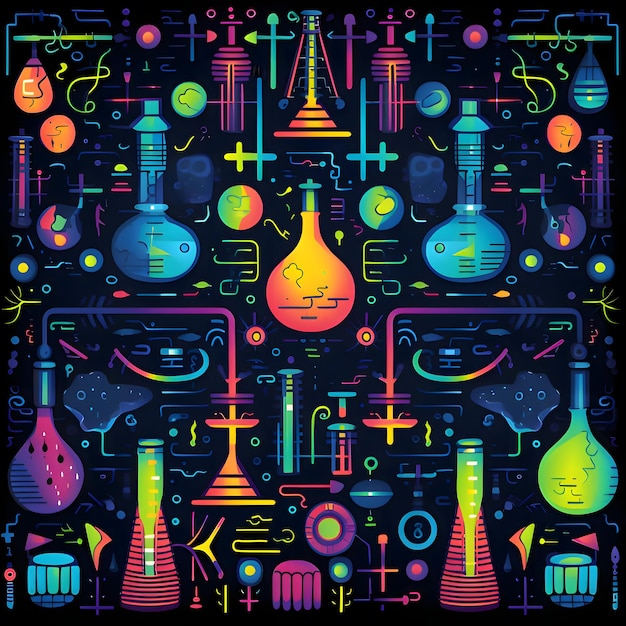 Ricerca e sviluppo scientifico di laboratorio chimico illustrazione vettoriale in stile neon