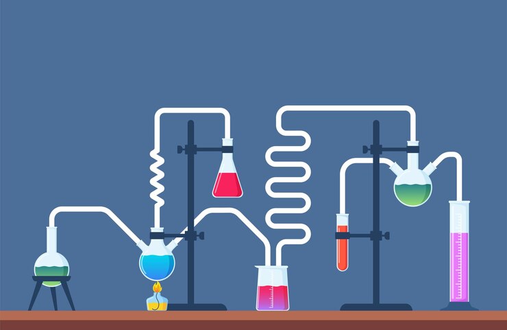 Vector chemical laboratory with different glass flasks vials testtubes with substance and reagents