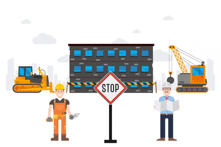 Vector chemical plant destruction tracked result  illustration. stop sign in front working object excavator near condemned building