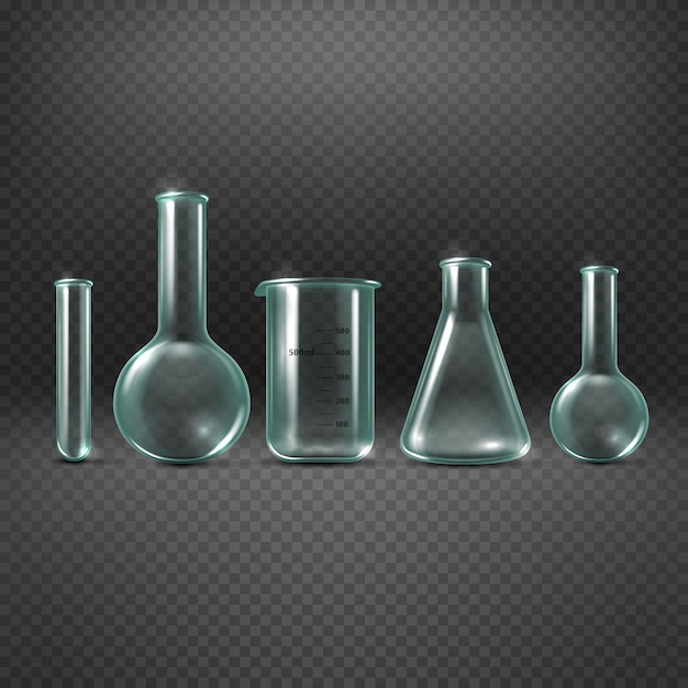 Chemical realistic test tubes set. beaker glass for analysis and medicine experiment