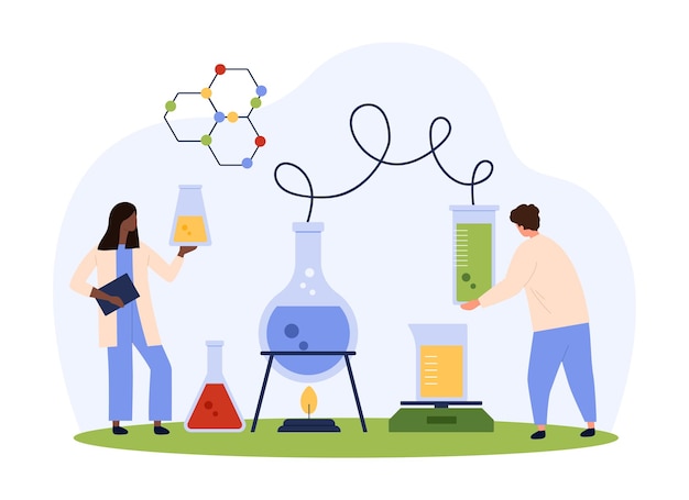 chemical research in laboratory tiny scientists boiling liquid in flasks on burner