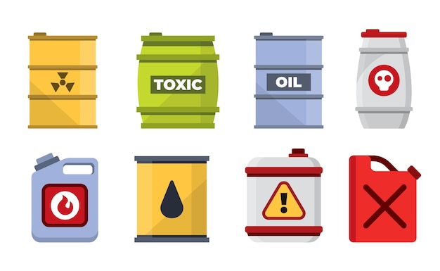 Chemical substances containers set metal iron and plastic containers with radioactive wastes toxic components gas warnings flammable sign Vector cartoon iron containers