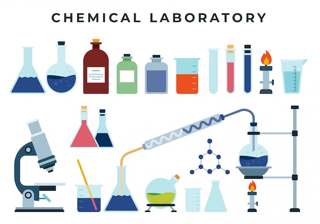 Химическое обучение или исследовательское лабораторное оборудование, набор плоских иконок. Колба, спиртовая лампа, пробирка, микроскоп, реагенты, мензурка, химикаты.