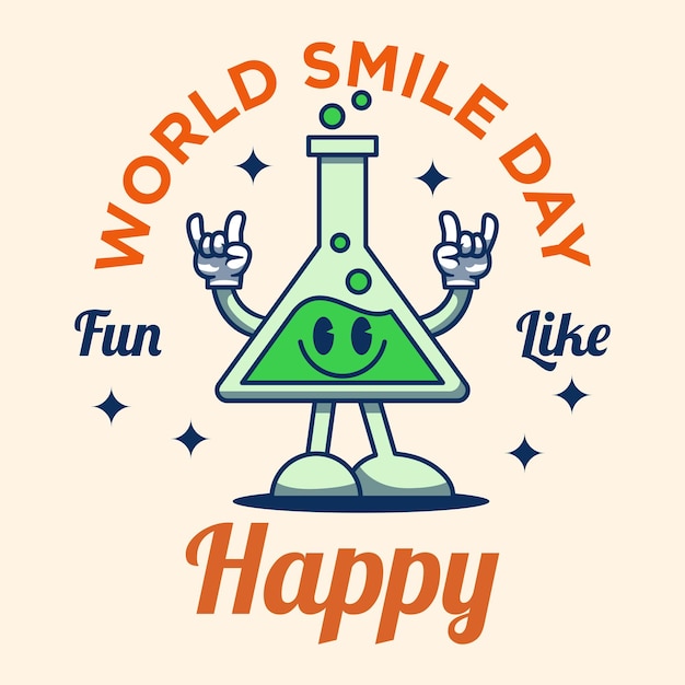 Vettore di caratteri del tubo chimico con espressione sorridente illustrazione della giornata mondiale del sorriso