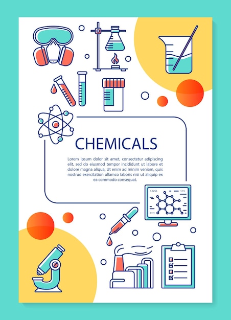 화학 산업 포스터 템플릿 레이아웃입니다. 과학 연구, 연구실. 배너, 소책자, 선형 아이콘이 있는 전단지 인쇄 디자인. 잡지, 광고 전단지에 대한 벡터 브로셔 페이지 레이아웃