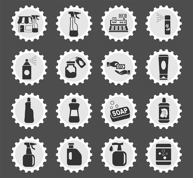 Chemicals store symbols on a round postage stamp stylized icons