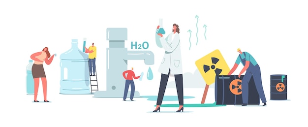 Chemicals in Water Concept. Tiny Scientist Female Character in White Lab Coat Hold Beaker Research Water Sample in Laboratory. Tiny People at Huge Tap, Toxic Waste Barrels. Cartoon Vector Illustration