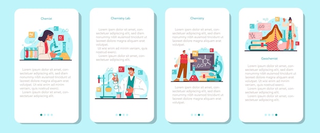 Chemicus mobiele applicatie banner set. chemiewetenschapper die een experiment in het laboratorium doet. onderzoek naar atomen van verschillende chemische stoffen. kolven en andere apparatuur. platte vectorillustratie