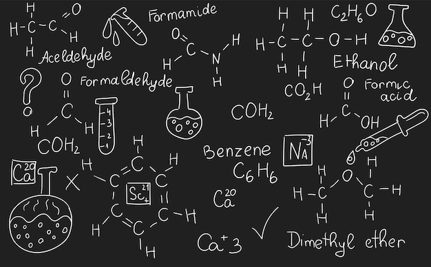 Chemie formules wetenschap en onderwijs achtergrond Chalkboard geschreven met wetenschappelijke formules en berekeningen in natuurkunde en wiskunde Retro vector illustratie