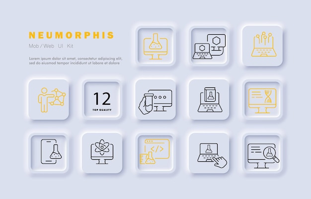 Chemie ingesteld pictogram Laboratorium computer atoom telefoon neuraal netwerk formule boek dna genetica molecuul zeshoek website vergrootglas onderzoek Wetenschapsconcept Neomorfisme Vector lijn pictogram