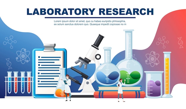 Chemie laboratorium abstract ontwerp met grote apparatuur en kleine wetenschappers reclame flyer ontwerp platte vectorillustratie.