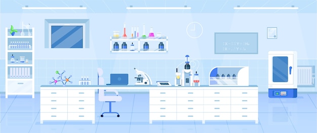 Vector chemie laboratorium egale kleur. wetenschapslaboratorium, farmaceutisch onderzoekscentrum 2d cartoon interieur met medische apparatuur op achtergrond. modern decor van de medische instelling