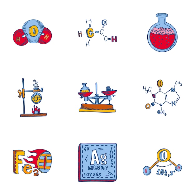 Chemie pictogramserie. Hand getrokken set van 9 chemie iconen