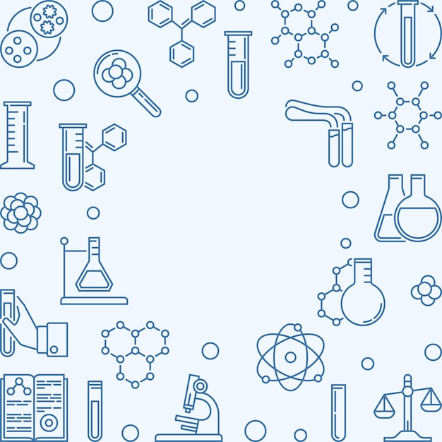 Chemie vierkante achtergrond met blauwe chemische overzichtspictogrammen