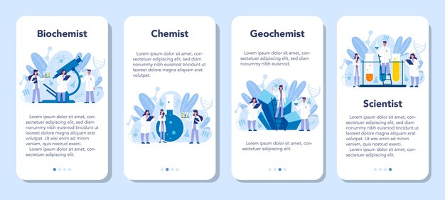 Chemie wetenschap mobiele applicatie banner set. wetenschappelijk experiment in het laboratorium. wetenschappelijke apparatuur, chemisch onderzoek. biochemie en geochemie, geïsoleerde vectorillustratie