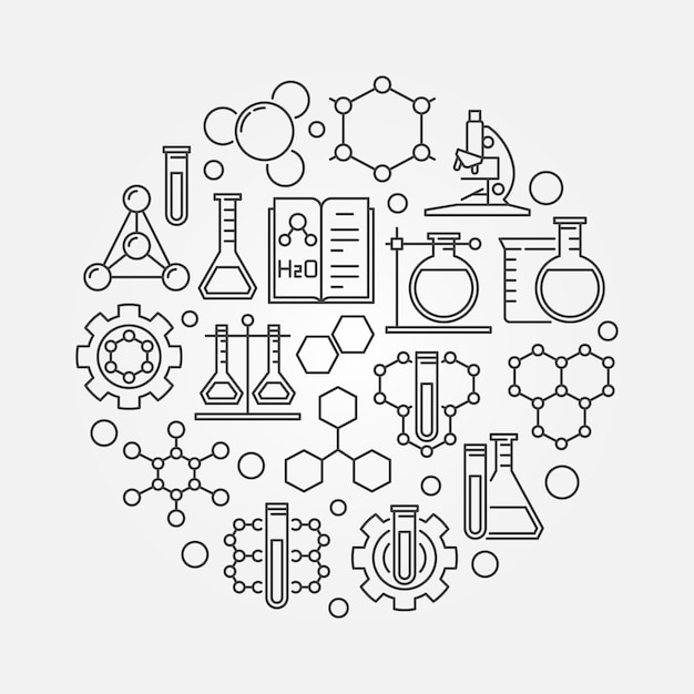 Chemisch laboratorium vector Chemie concept ronde illustratie in dunne lijnstijl