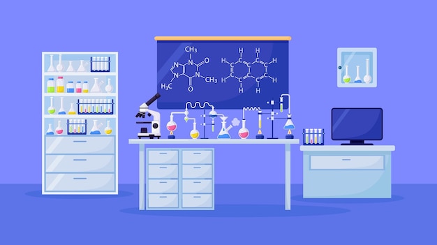 Chemisch laboratorium voor onderzoek, analyse. Wetenschappelijke apparatuur, microscoop, kolven met giftige vloeistof in het klaslokaal van de chemie.
