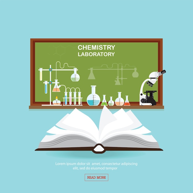 Vector chemisch laboratorium wetenschapsles met open boek