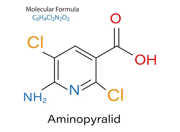Vector chemische formule aminopyralid herbicide molecuul skelet vectorillustratie