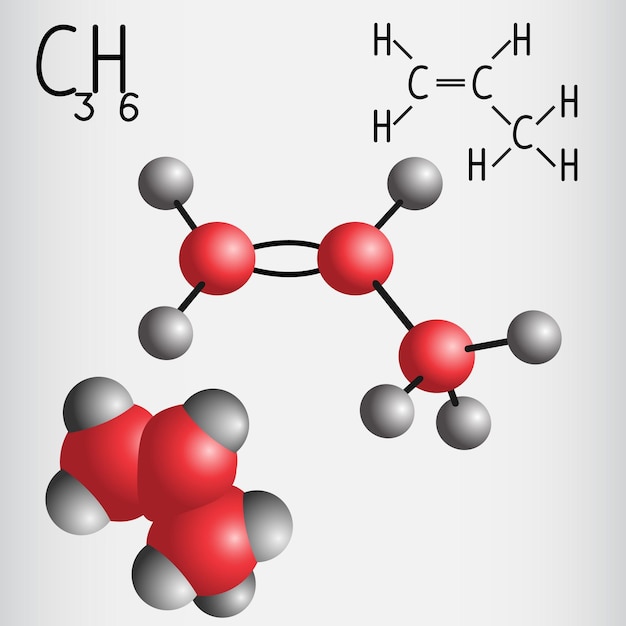 Chemische formule en chemische formule en molecuulmodel van propyleen C3H6