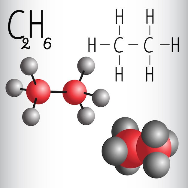 Chemische formule en molecuulmodel van ethaan C2H6