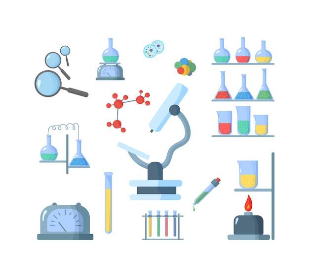 Chemische laboratoriumbiologie van wetenschap en technologie. Kolf, microscoop, vergrootglas, telescoop. Biologie wetenschappelijk onderwijs het studievirus, molecuul, atoom, DNA. illustratie. .